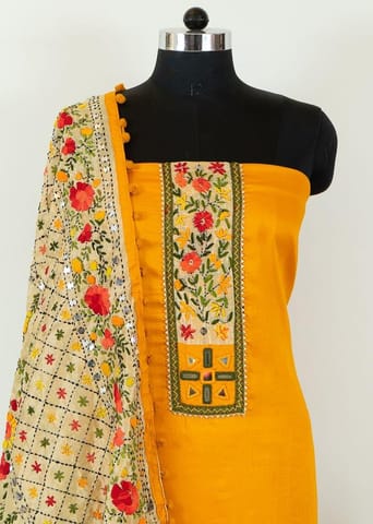 Mustard Color Jam Silk Embroidered Shirt with Zam Silk Bottom and Tissue Chanderi Kantha Embroidered Dupatta