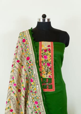 Green Color Jam Silk Embroidered Shirt with Zam Silk Bottom and Tissue Chanderi Kantha Embroidered Dupatta