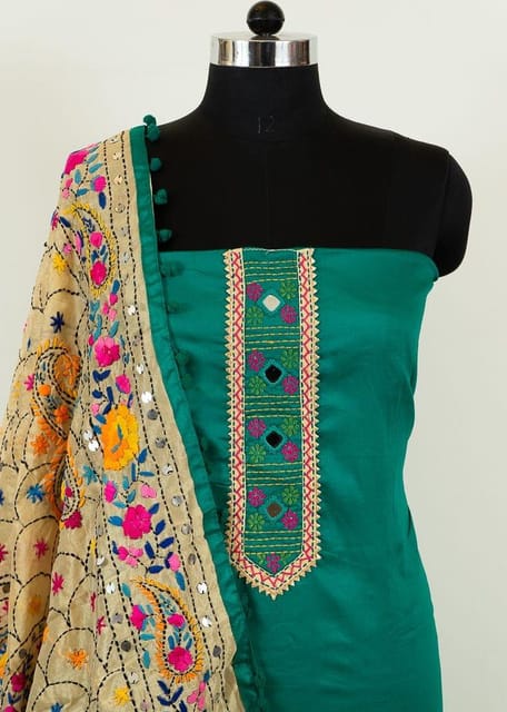 Green Color Jam Silk Embroidered Shirt with Zam Silk Bottom and Tissue Chanderi Kantha Embroidered Dupatta