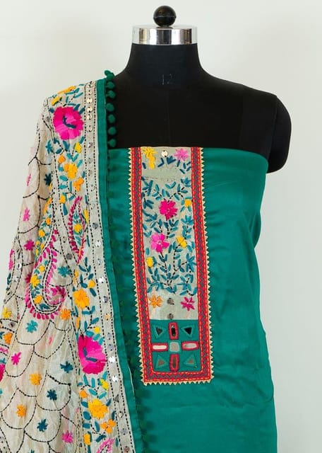 Green Color Jam Silk Embroidered Shirt with Zam Silk Bottom and Tissue Chanderi Kantha Embroidered Dupatta