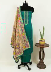 Green Color Jam Silk Embroidered Shirt with Zam Silk Bottom and Tissue Chanderi Kantha Embroidered Dupatta