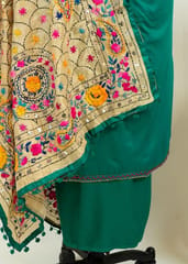 Green Color Jam Silk Embroidered Shirt with Zam Silk Bottom and Tissue Chanderi Kantha Embroidered Dupatta