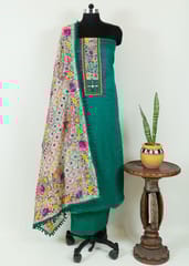 Green Color Jam Silk Embroidered Shirt with Zam Silk Bottom and Tissue Chanderi Kantha Embroidered Dupatta