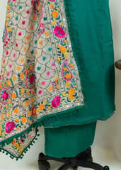 Green Color Jam Silk Embroidered Shirt with Zam Silk Bottom and Tissue Chanderi Kantha Embroidered Dupatta