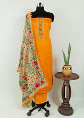 Mustard Color Jam Silk Embroidered Shirt with Zam Silk Bottom and Tissue Chanderi Kantha Embroidered Dupatta