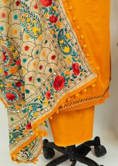 Mustard Color Jam Silk Embroidered Shirt with Zam Silk Bottom and Tissue Chanderi Kantha Embroidered Dupatta