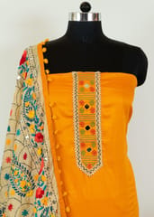 Mustard Color Jam Silk Embroidered Shirt with Zam Silk Bottom and Tissue Chanderi Kantha Embroidered Dupatta