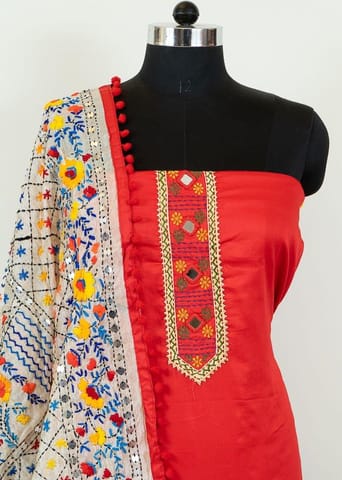 Red Color Jam Silk Embroidered Shirt with Zam Silk Bottom and Tissue Chanderi Kantha Embroidered Dupatta