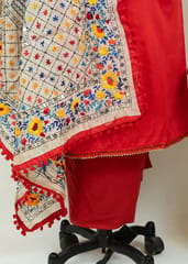 Red Color Jam Silk Embroidered Shirt with Zam Silk Bottom and Tissue Chanderi Kantha Embroidered Dupatta