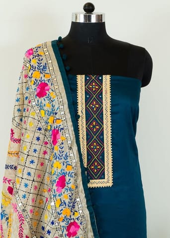 Blue Color Jam Silk Embroidered Shirt with Zam Silk Bottom and Tissue Chanderi Kantha Embroidered Dupatta