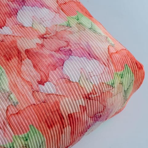 Orange Color Pleated Satin Printed Fabric