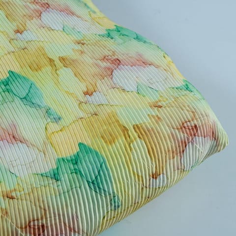 Yellow Color Pleated Satin Printed Fabric