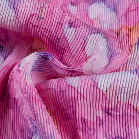 Pink Color Pleated Satin Printed Fabric
