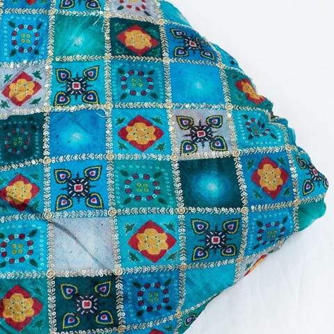 Firozi Color Chinon Chiffon Print With Embroidered Fabric