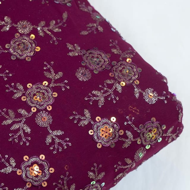 Wine Color Georgette Embroidered Fabric