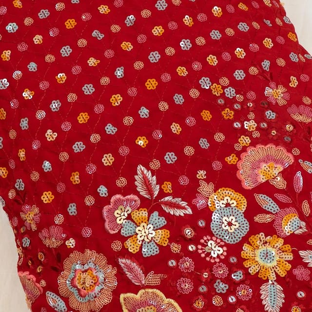 Red Color Georgette Embroidered Fabric