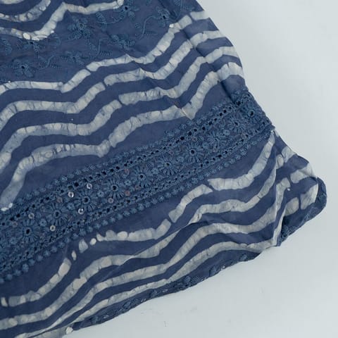 Blue Color Organza Batik Print with Thread Embriodered Fabric (60Cm Piece)