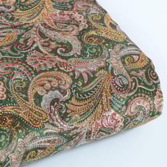 Green Color Velvet Print with Gold Color Saroaski Embroidered Fabric