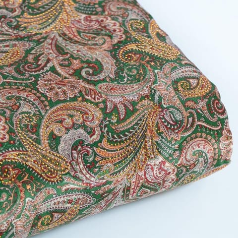 Green Color Velvet Print with Gold Color Saroaski Embroidered Fabric