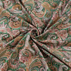 Green Color Velvet Print with Gold Color Saroaski Embroidered Fabric