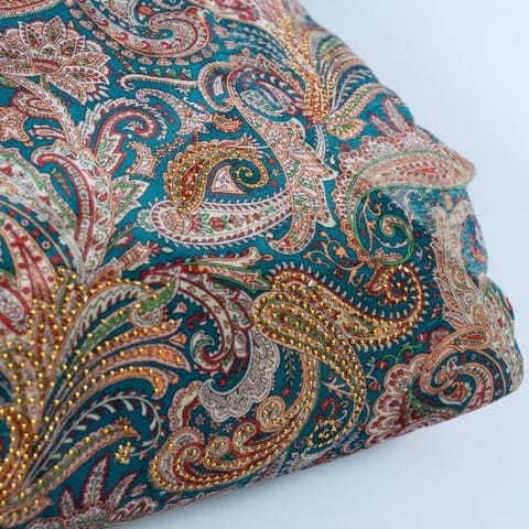 Blue Color Velvet Print with Gold Color Saroaski Embroidered Fabric