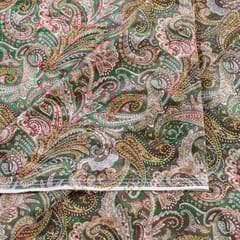 Green Color Velvet Print with Gold Color Saroaski Embroidered Fabric