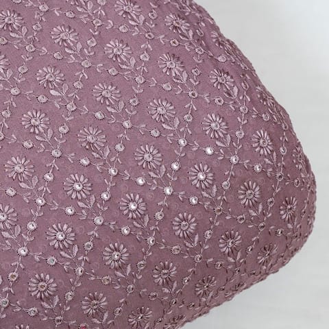Onion Pink Color Georgette Thread and Faux Mirror Embroidered Fabric