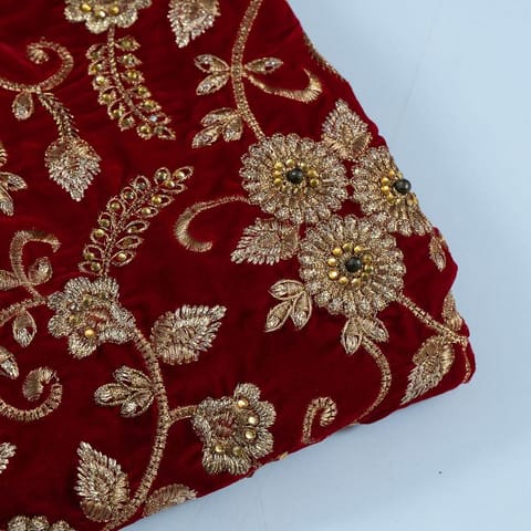 Maroon Color Velvet Embroidered Fabric (2 Meter piece)