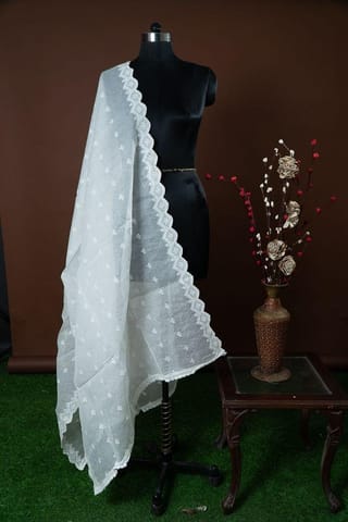Dyeable Kota Check Scalped Sequins and Thread Embroidered Dupatta