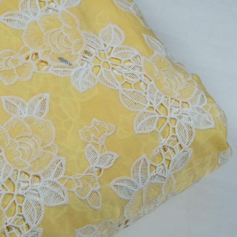 Yellow Color Crepe Thread Embroidered Fabric