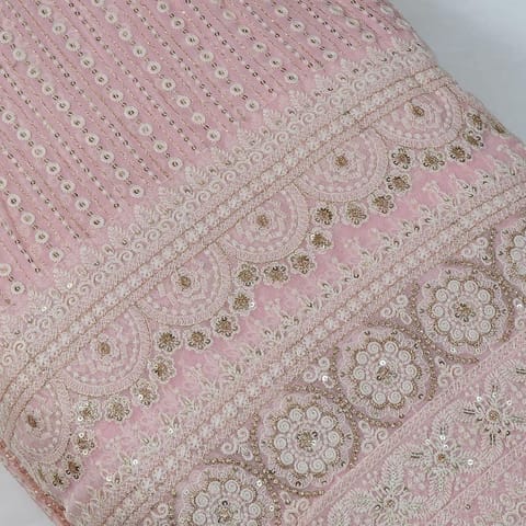 Light Pink Color Georgette Thread and Faux Mirror Embroidered Fabric