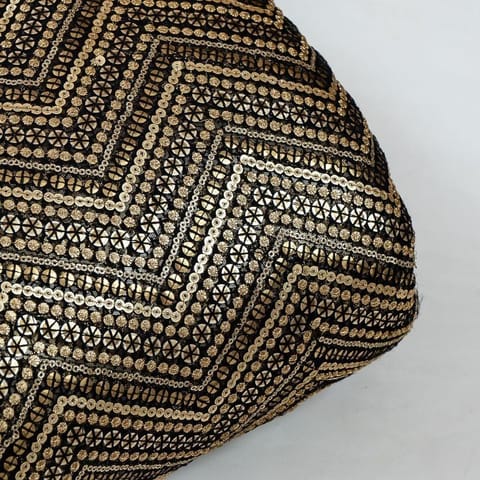 Black Color Net Thread and Faux Mirror Embroidered Fabric