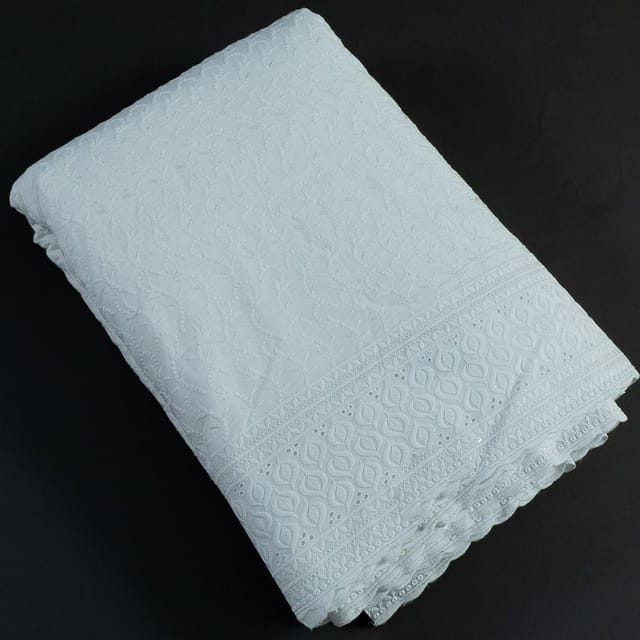 White Color Cotton Chikan Embroidered Fabric