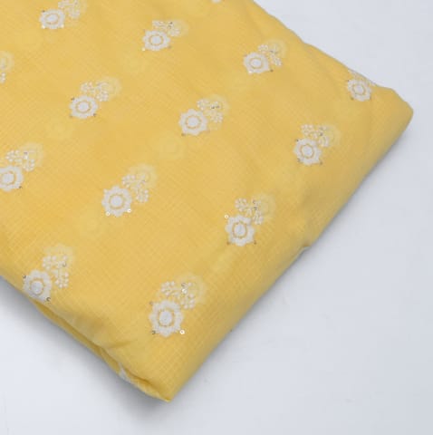 Yellow Color Kota Doria Embroidered Fabric