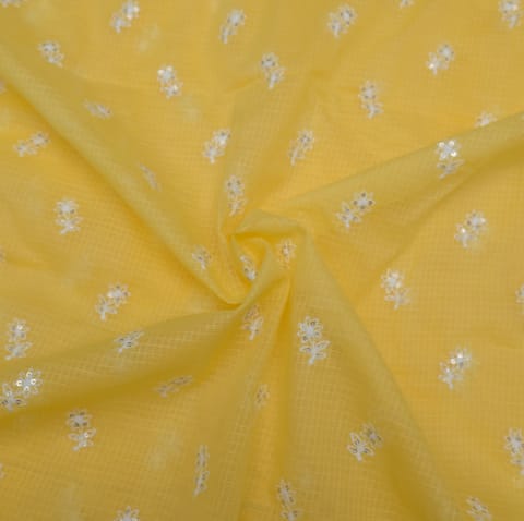Yellow Color Kota Doria Embroidered Fabric