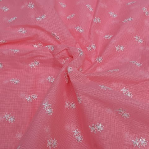 Pink Color Kota Doria Embroidered Fabric