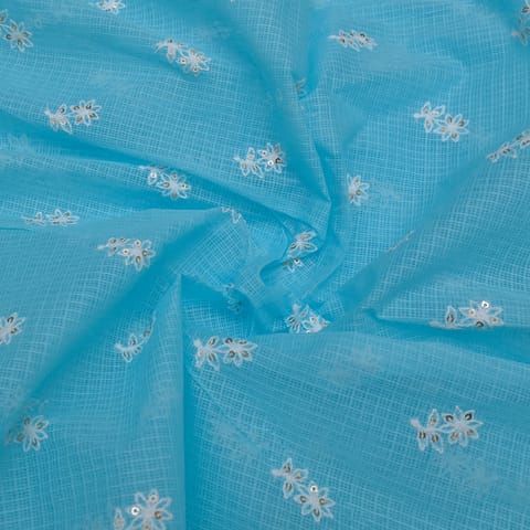 Firozi Color Kota Doria Embroidered Fabric