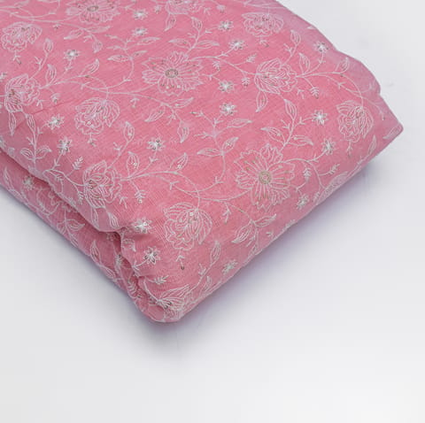 Pink Color Kota Doria Embroidered Fabric