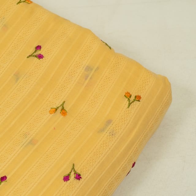 Yellow Color Cotton Embroidered Fabric