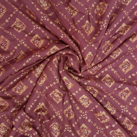 Maroon, Golden Shade Geometric Print Muslin Fabric