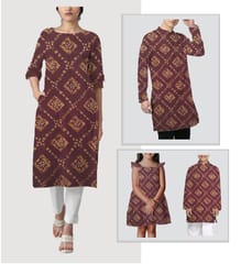 Maroon, Golden Shade Geometric Print Muslin Fabric