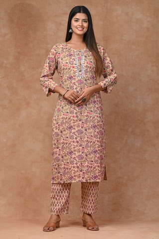 Beige Color Cotton Printed Shirt with Cotton Printed Bottom