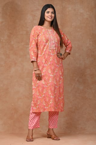 Peach Color Cotton Printed Shirt with Cotton Printed Bottom