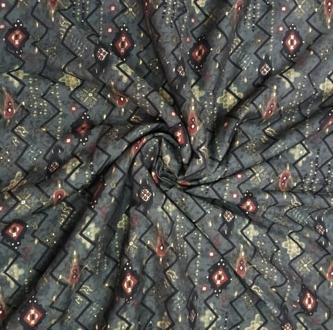 Multicolor, Greyish Shade Zig - Zag Print Muslin Fabric