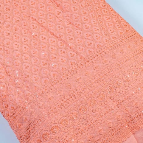 Peach Color Rayon Chikan Embroidered Fabric (80CM Piece)