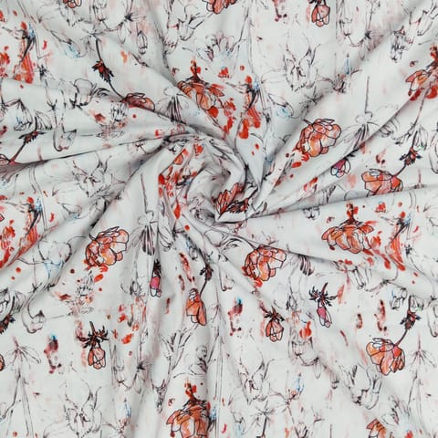 White With Red Shade Florals Printed Lycra Fabric