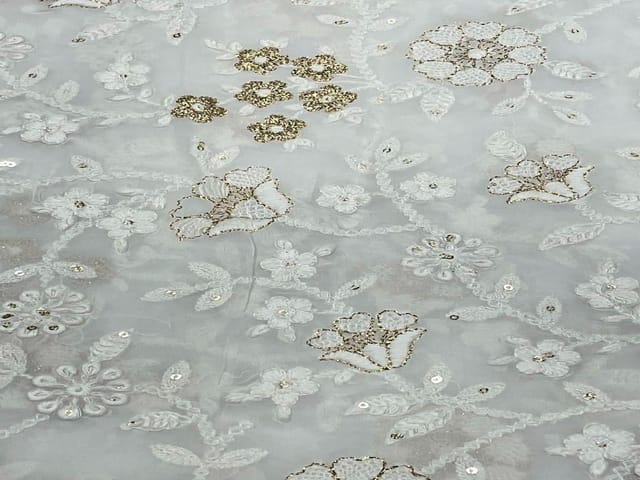 Dyeable Embroidered Georgette White Golden Floral 7