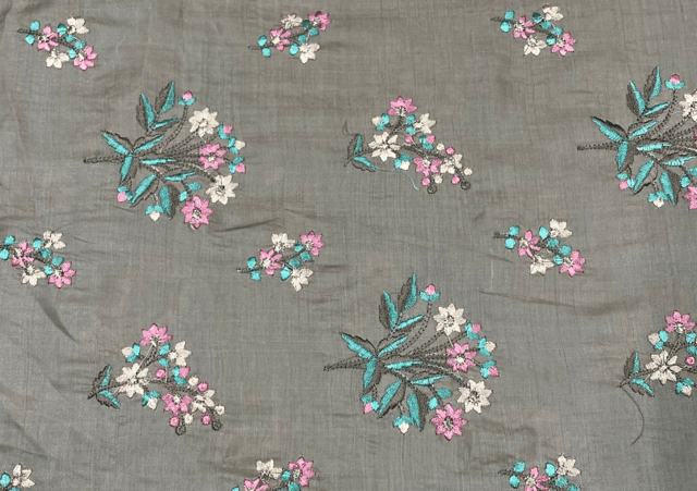 Embroidered Cotton Satin Brown Flowers