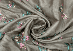 Embroidered Cotton Satin Brown Flowers