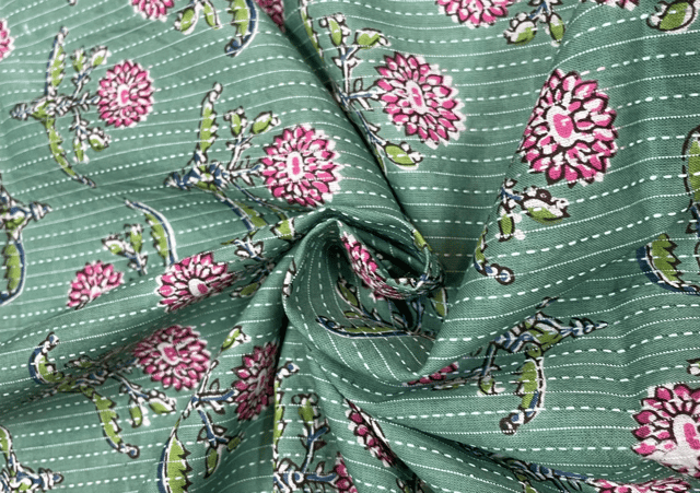 Cotton Cambric Kantha Dull Green Flowers Print